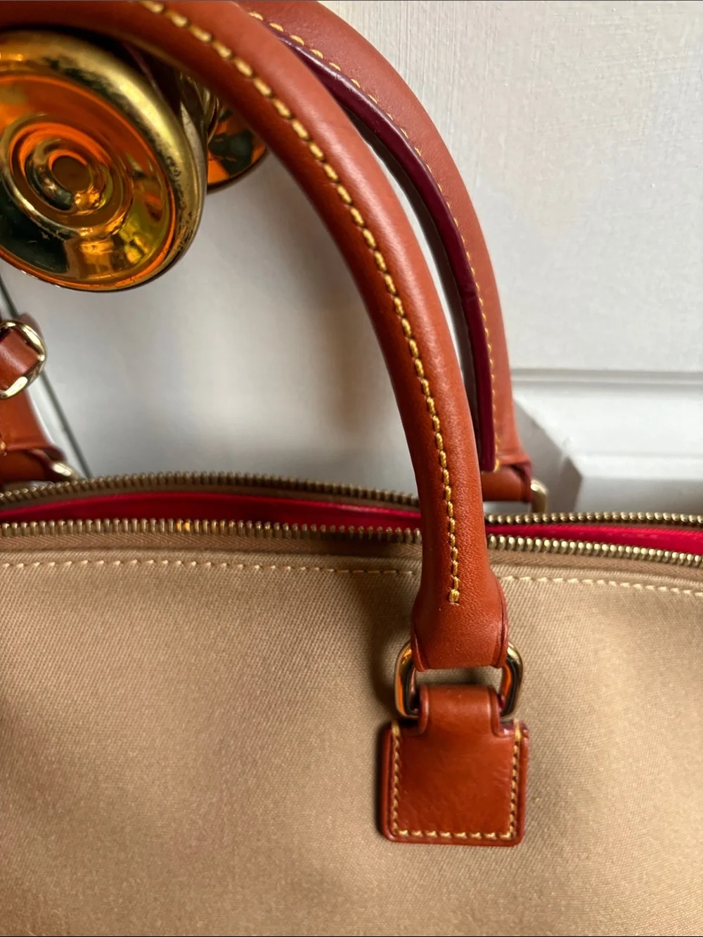 Dooney & Bourke Beige Canvas Duffel with Brown Leather Trim